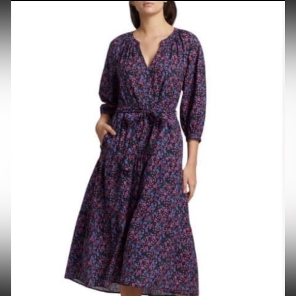 Xirena Annieka Floral Tiered Tie Waist Midi Dress in Ink Black, Size XS.